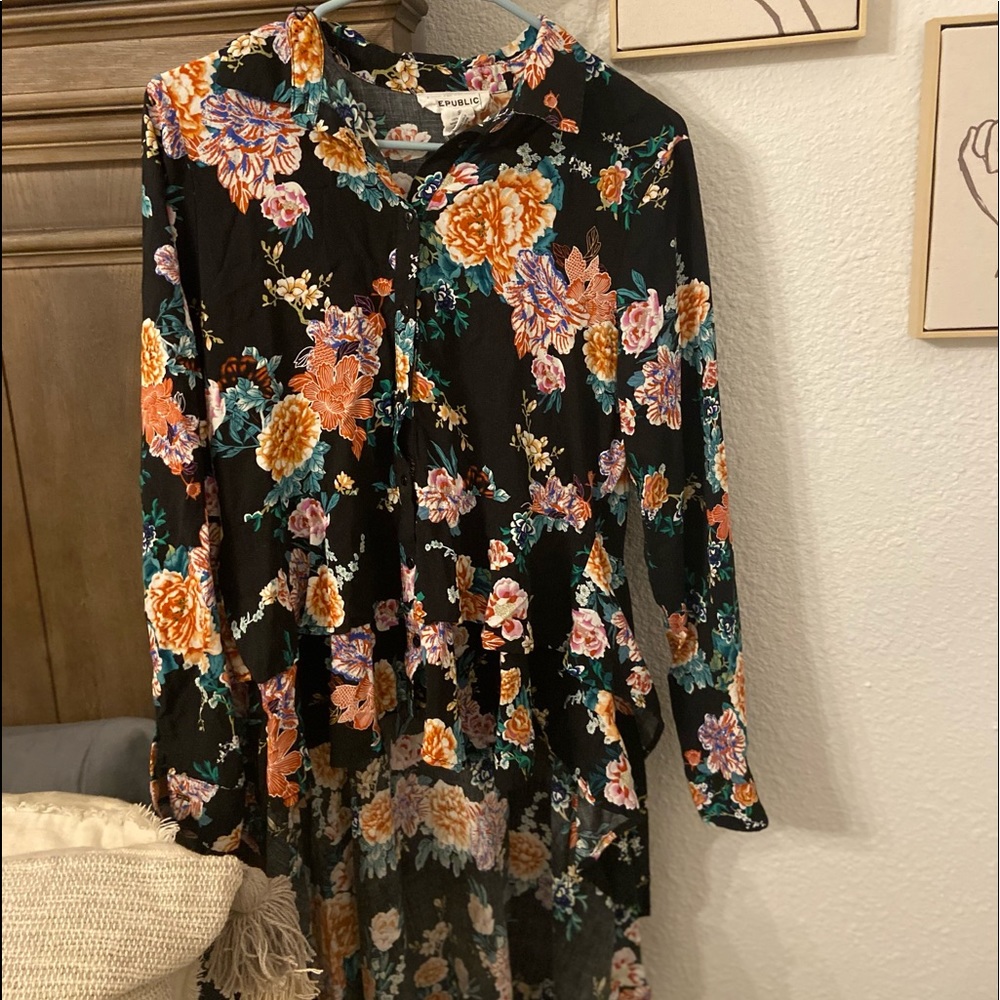 Black floral button down shirt